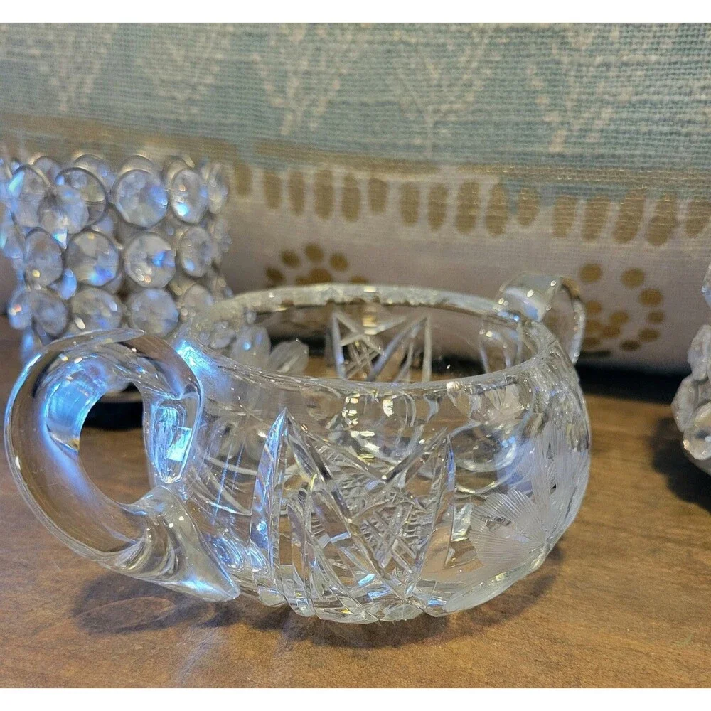 Antique Etched & Cut Crystal Floral Motif Sugar Bowl - 1930's